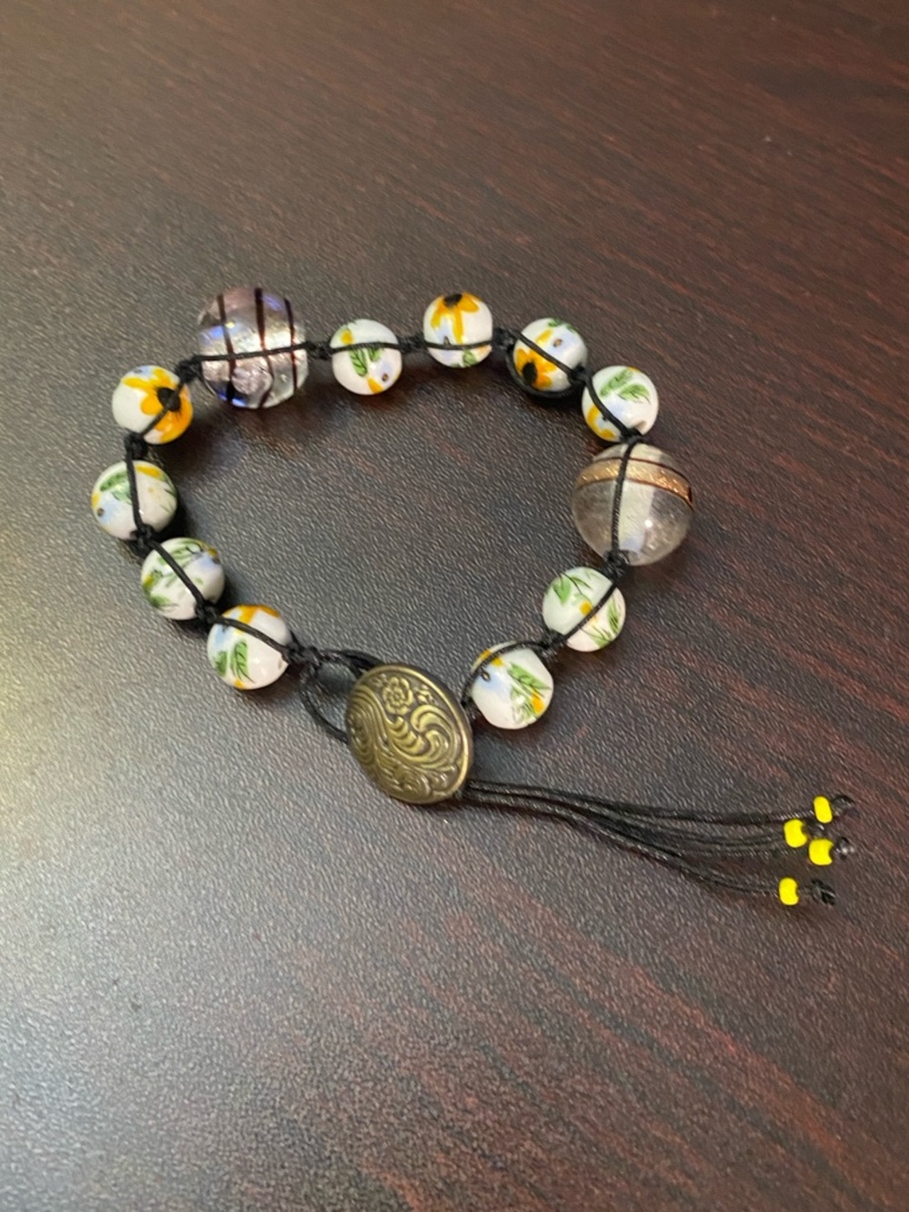 Floral Beaded Bracelet with Black Cord
